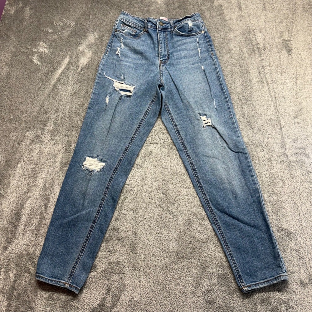 No Boundaries High Rise Jeans Women Size 7‎ Blue Good Distressed Mom Jeans